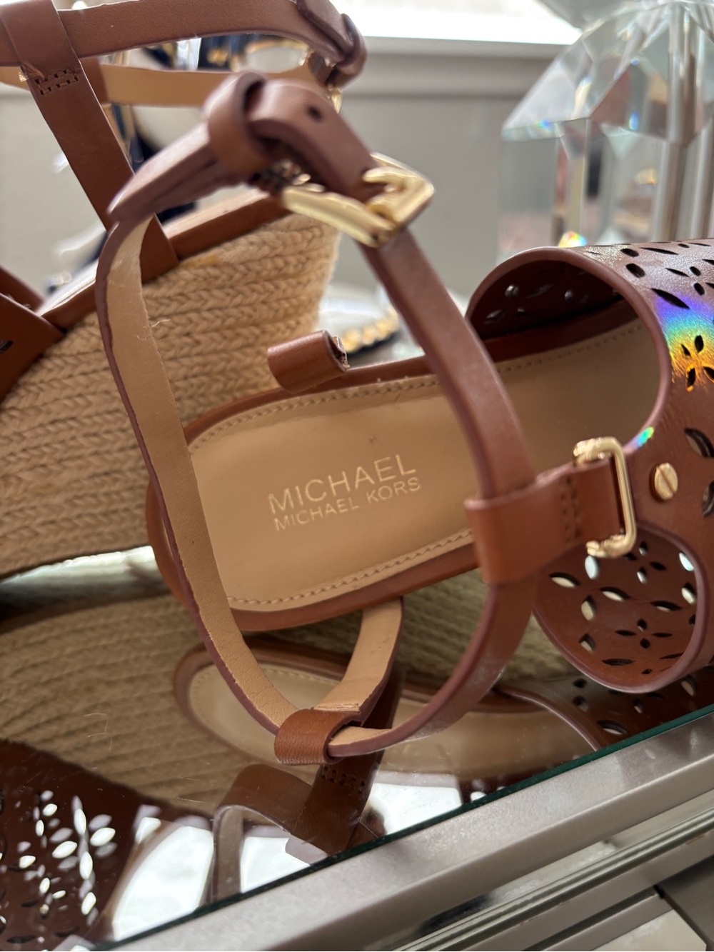 Michael Kors Tan Laser-Cut Leather Wedge Sandals - Picture 5 of 10